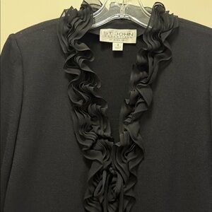 St. John Essentials Elegant Black Silk Ruffle Santana Knit Cardigan Jacket Sz.2